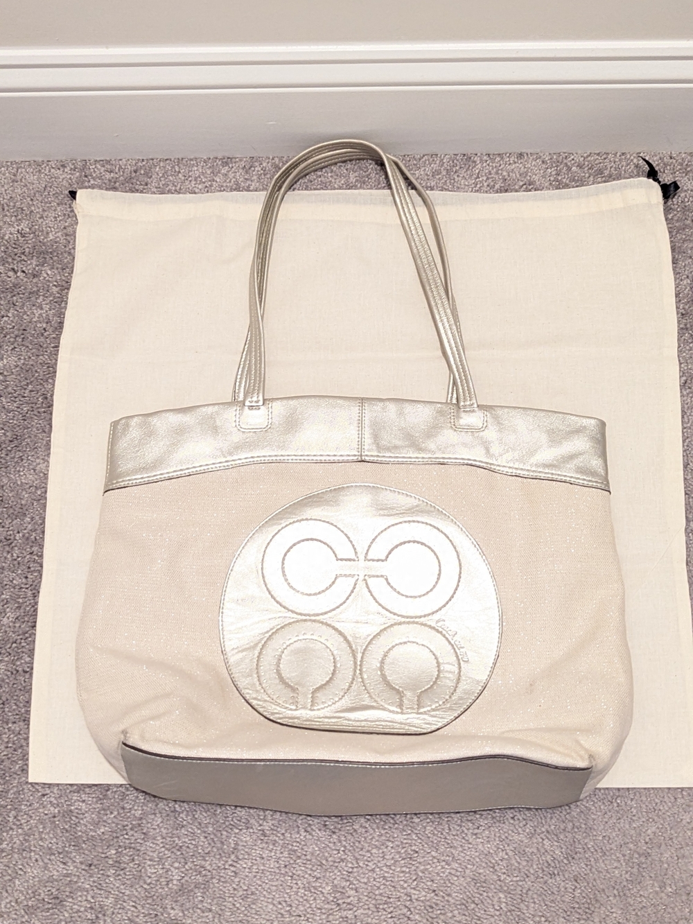 Coach Light Gold Metallic Beige Canvas Tote